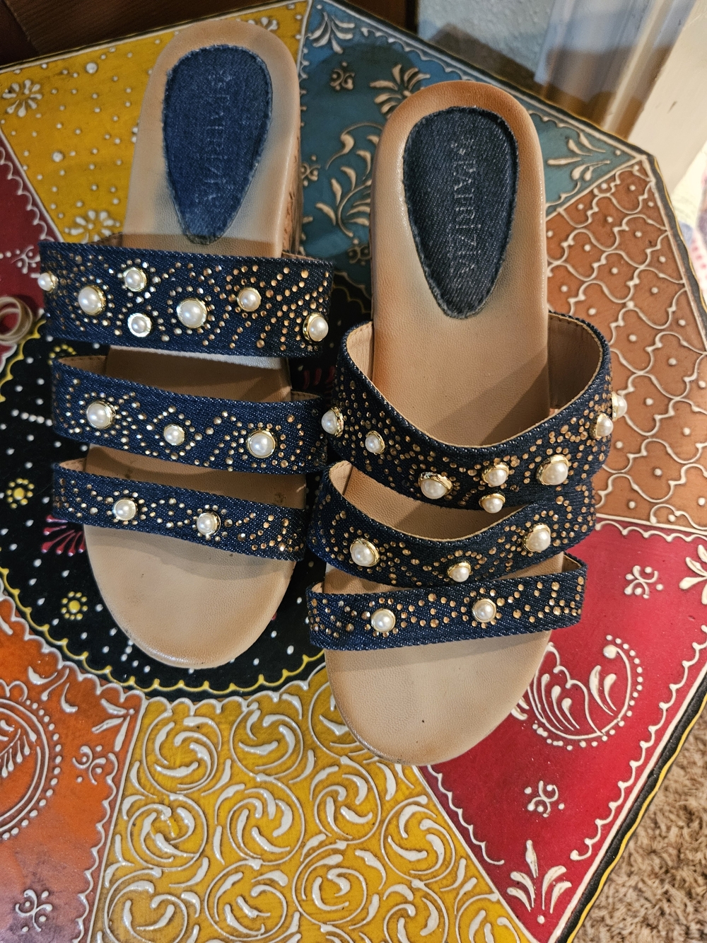 Women's Navy Pearl-Embellished Triple-Strap Slide Sandals